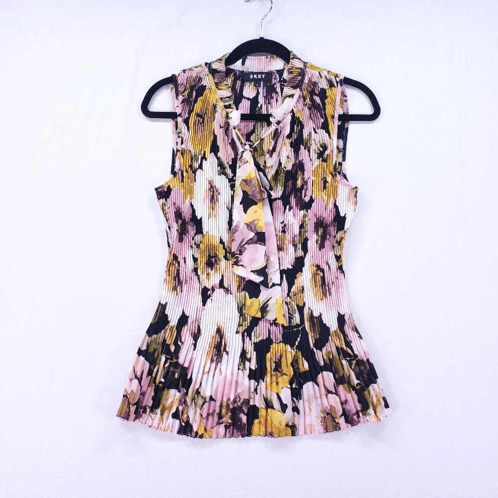 DKNY Tie-Neck Peplum Blouse Size M Multicolor Floral Pleated Sleeveless Preppy